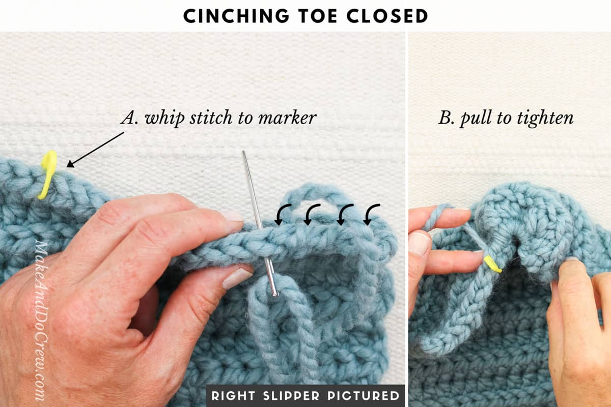 Tutorial on how to cinch a slipper toe closed.
