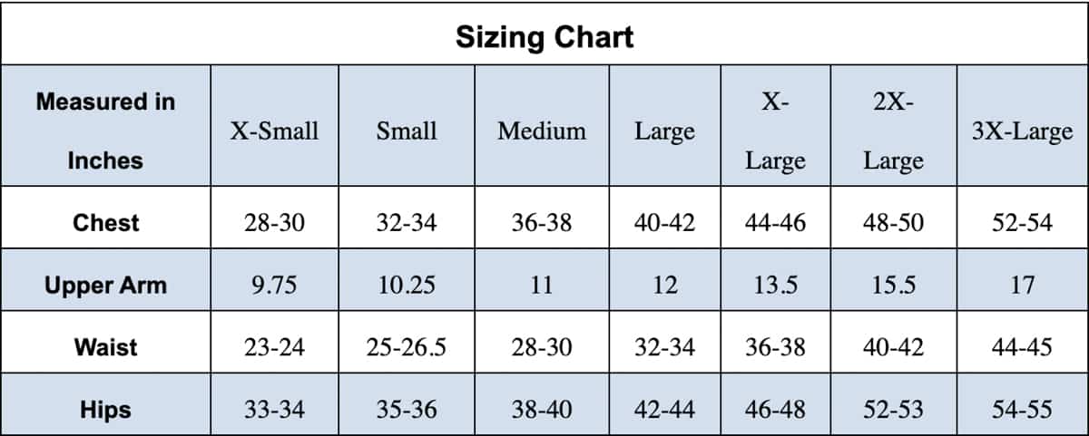 Sizing chart for a free crochet wrap sweater pattern. All inclusive sizes, from XS-3XL.
