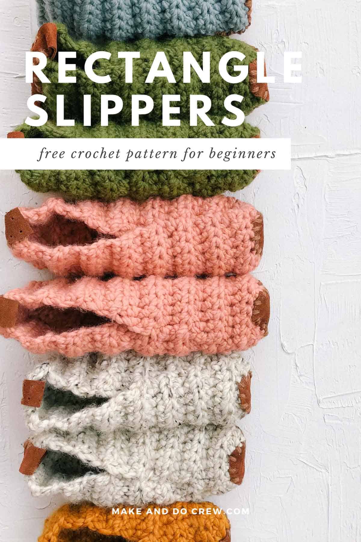 A line of crochet slippers made from simple rectangles.