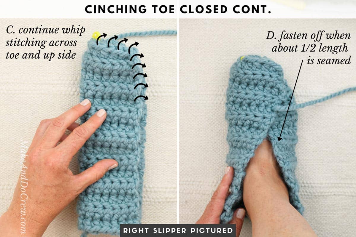 Tutorial showing how to make a pair of slippers from a crochet rectangle.