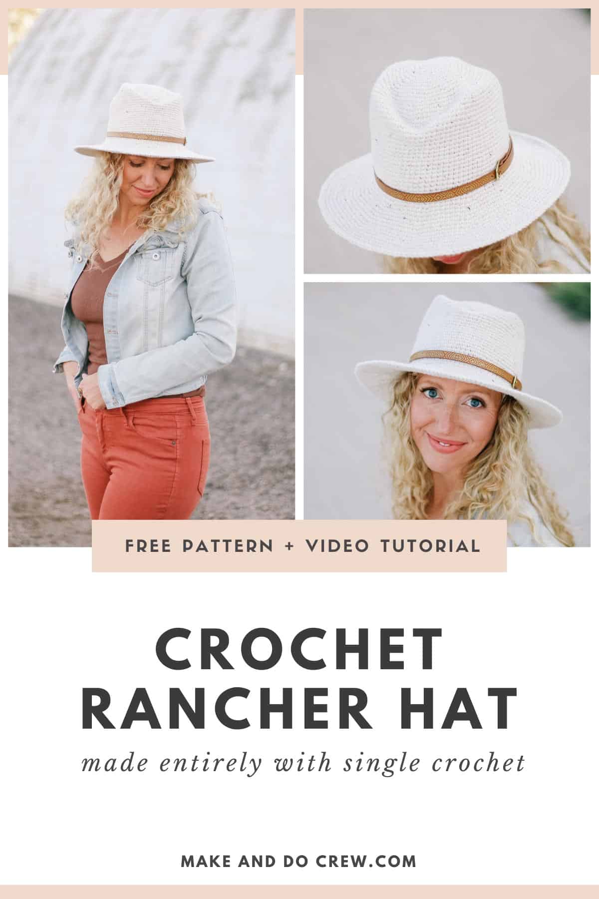 A crochet fedora hat that's made entirely with single crochet stitches and accented with a thrifted leather belt hat band.