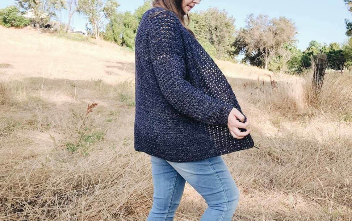 This casual V-stitch crochet cardigan comes together effortlessly with minimal counting and seaming. Follow this free pattern and tutorial with plus sizes.