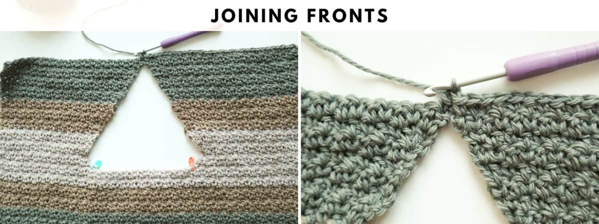 Crochet sweater tutorial on how to join the front pieces.