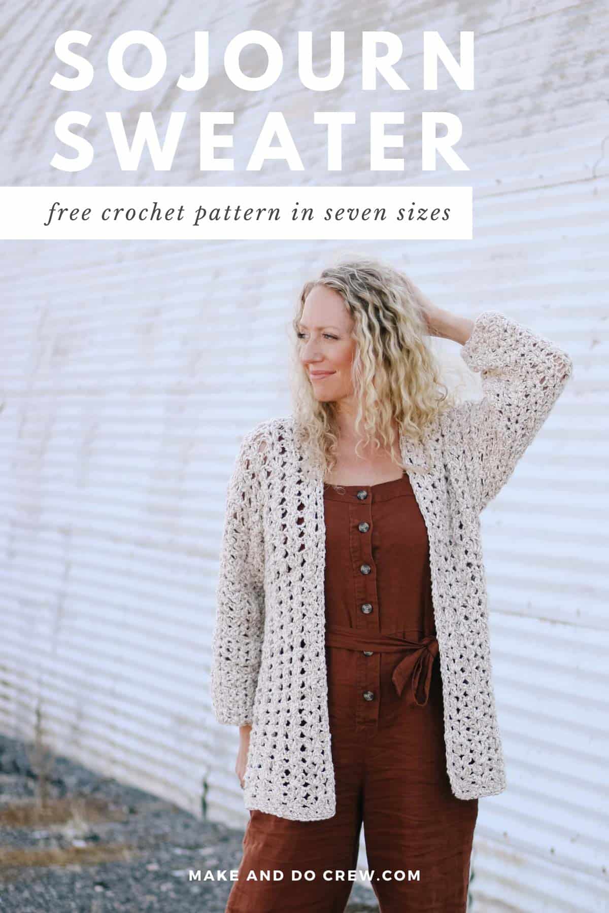 Blonde woman wearing a casual crochet cardigan made with the iris stitch and Lion Brand Twisted Cotton Blend yarn.