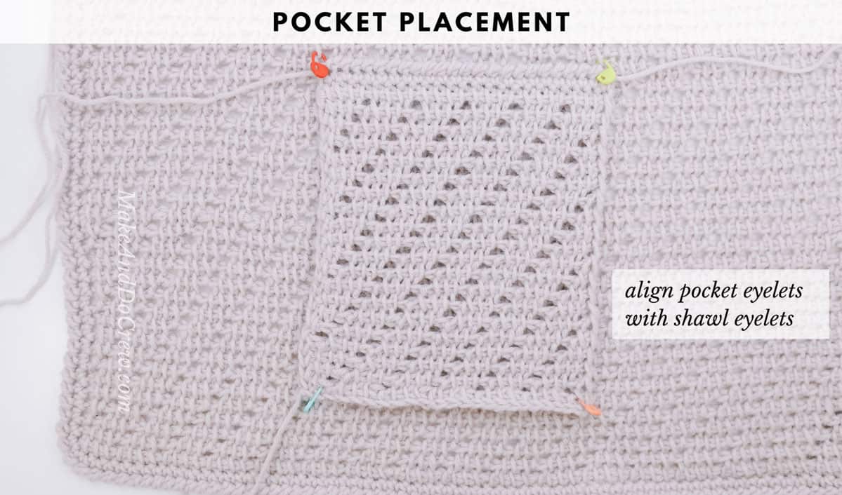 Tutorial showing how to crochet a shawl with pockets using Tunisian crochet stitches.