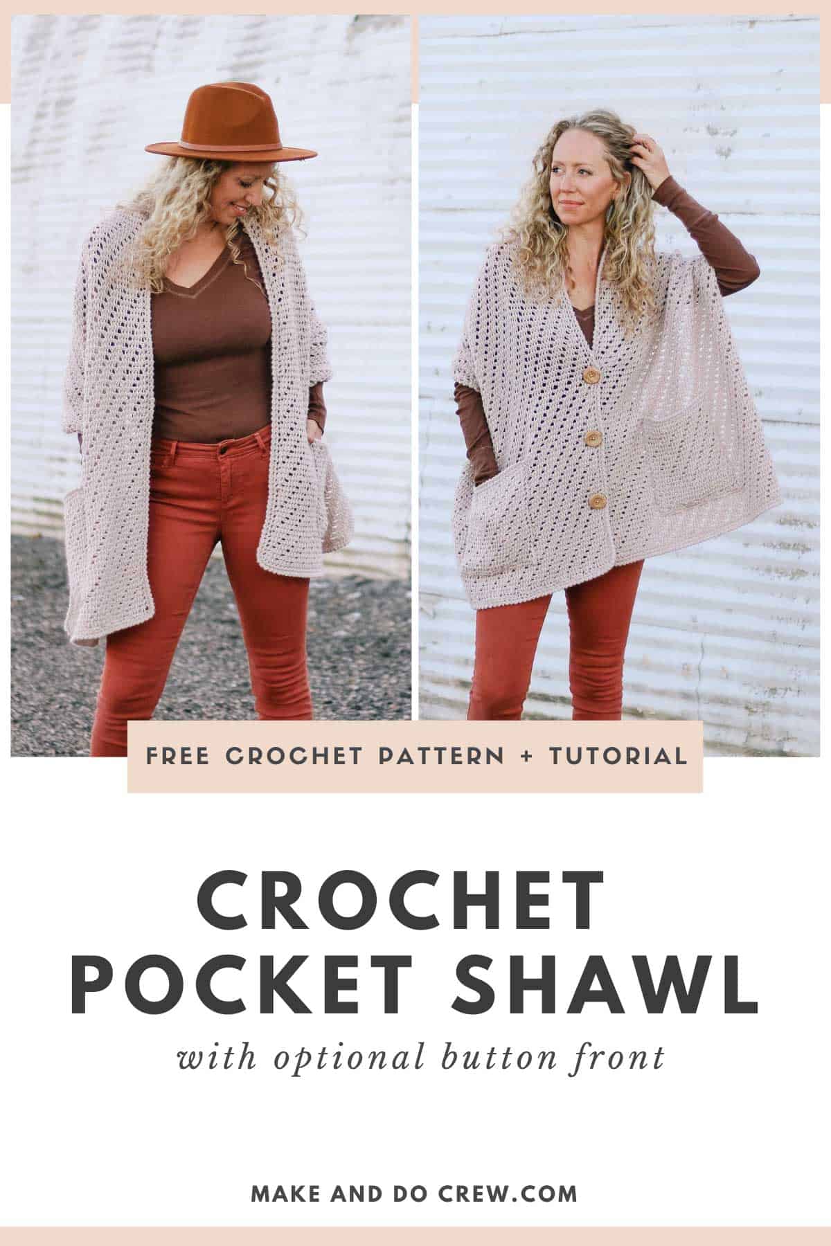 A grid showing two options for a crochet pocket shawl, one with a button-front poncho look and one without.
