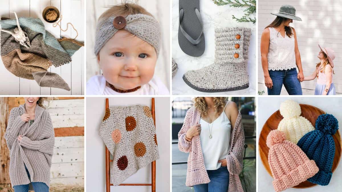 A grid of eight modern free crochet patterns from Make & Do Crew (Jess Coppom).