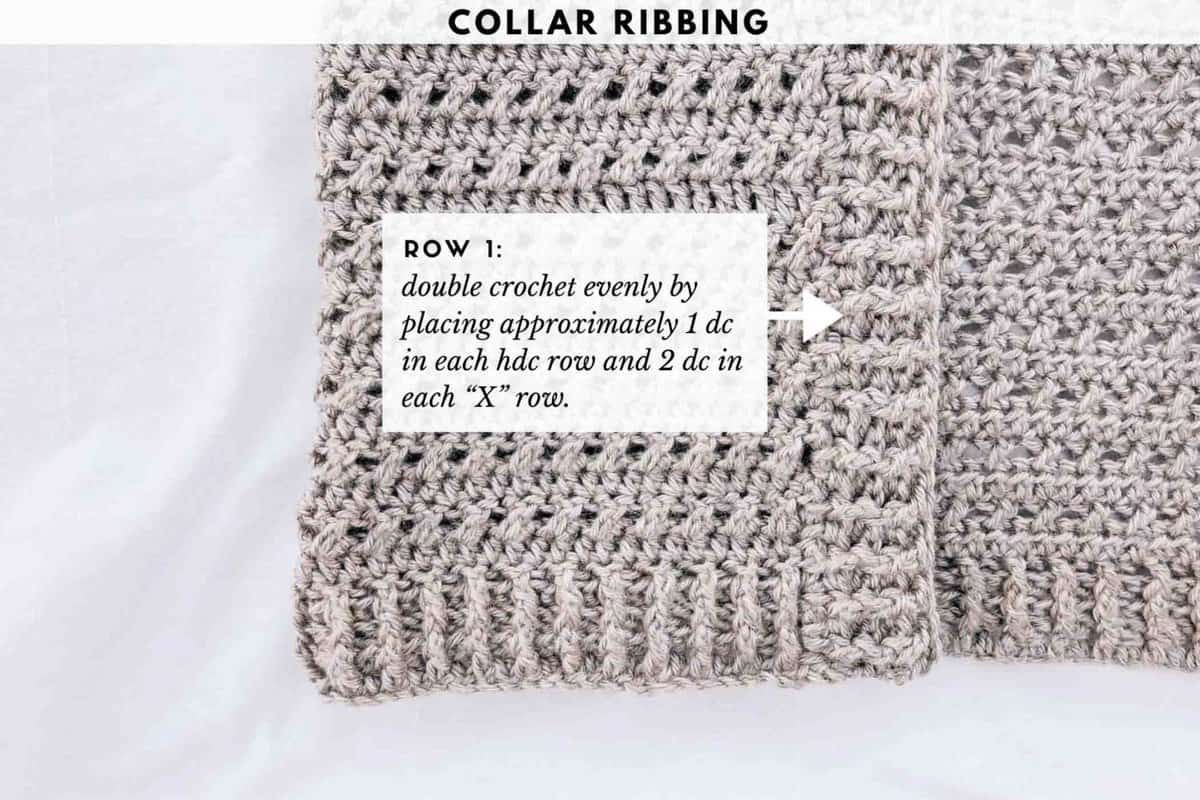 A close-up shot showing how to double crochet to create collar ribbing on a gray cardigan with a white background.
