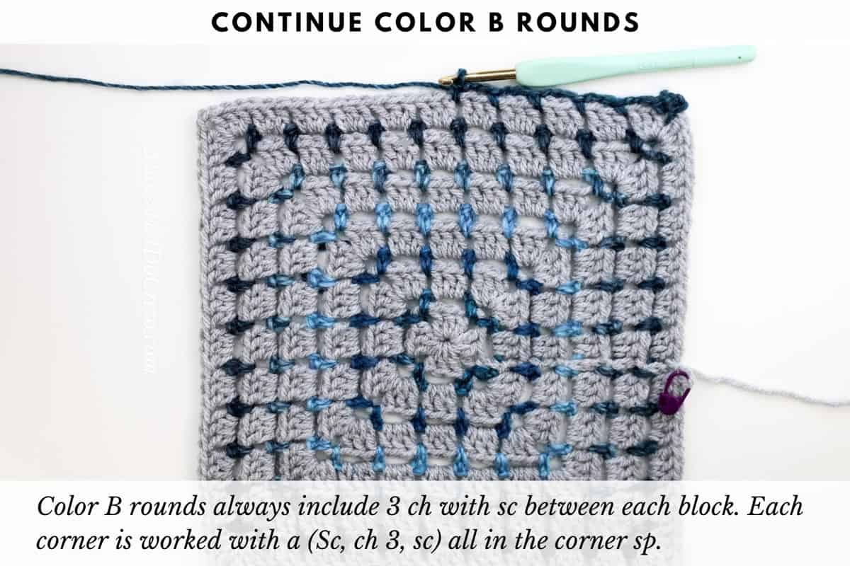 Tutorial showing the crochet block stitch worked in the round to create a square without cutting yarn each round. (Single crochet/chain crochet round.)