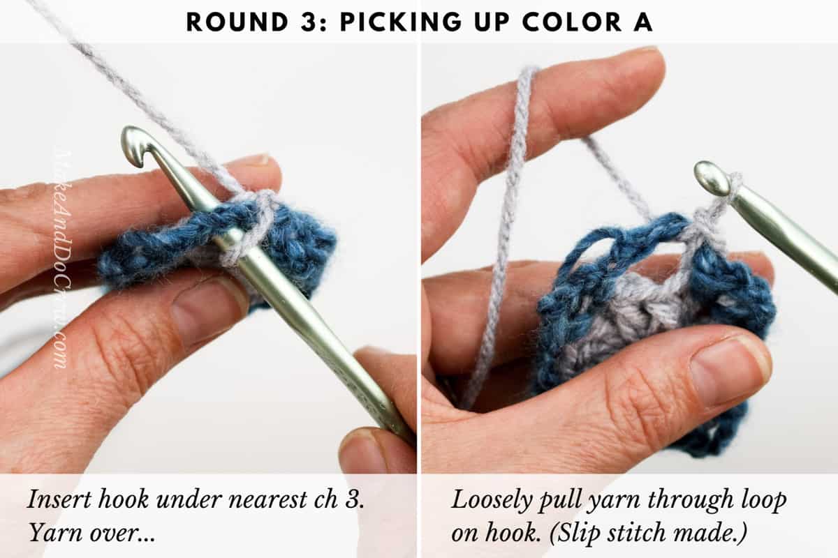 Detailed photo tutorial showing how to switch colors in the crochet boxed block stitch while keeping the yarn attached. With this method, the yarn is not fastened off leaving fewer ends to weave in.