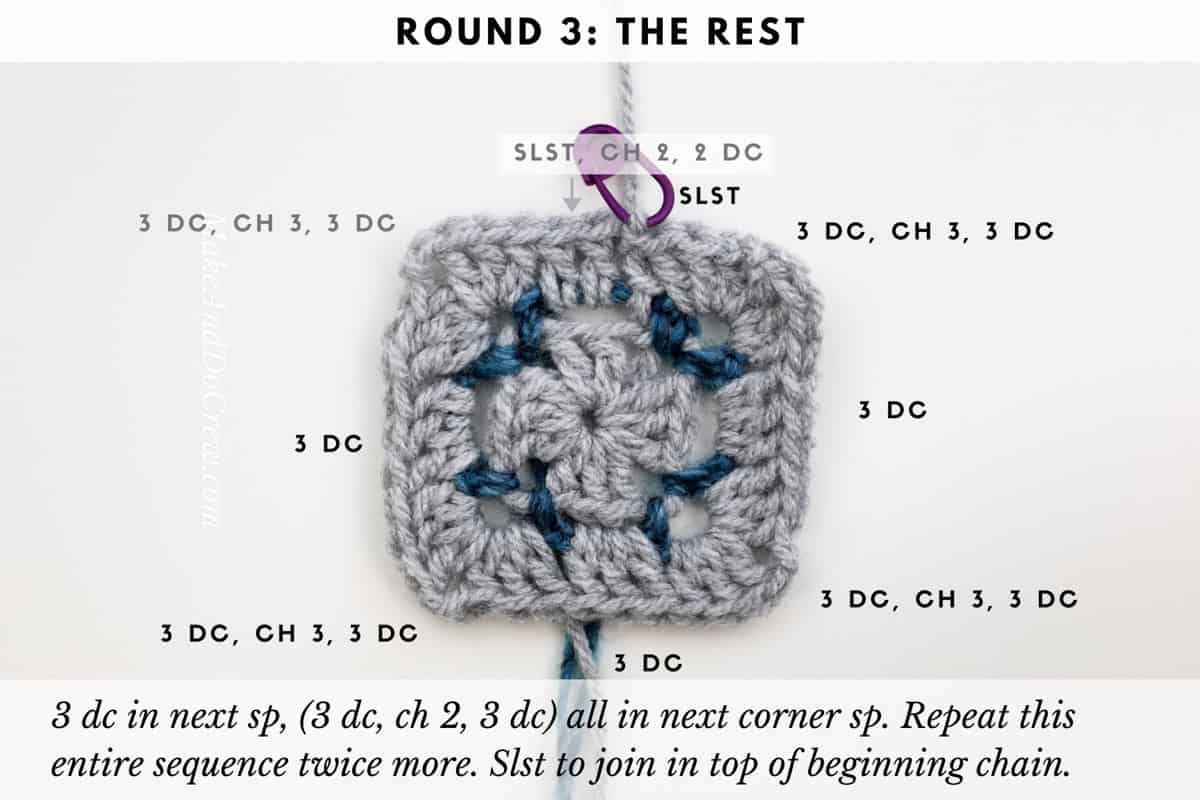 Round 3: photo tutorial showing the boxed block stitch worked in the round. (This is a double crochet round.)