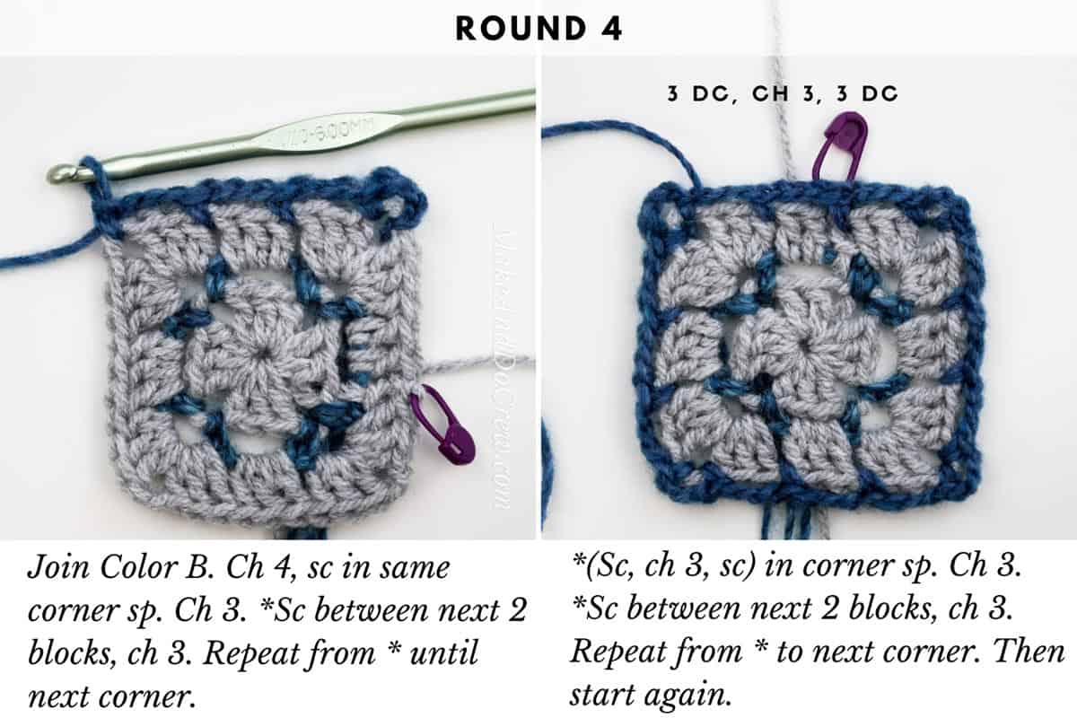 Round 4: photo tutorial showing the boxed block stitch worked in the round. (This is a single crochet and chain round.)