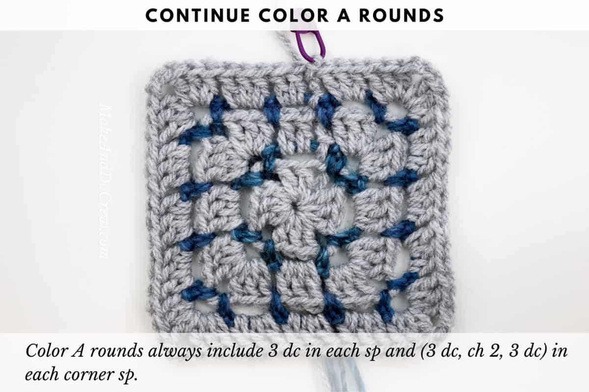Tutorial showing the crochet block stitch worked in the round to create a square without cutting yarn each round. (Double crochet round.)