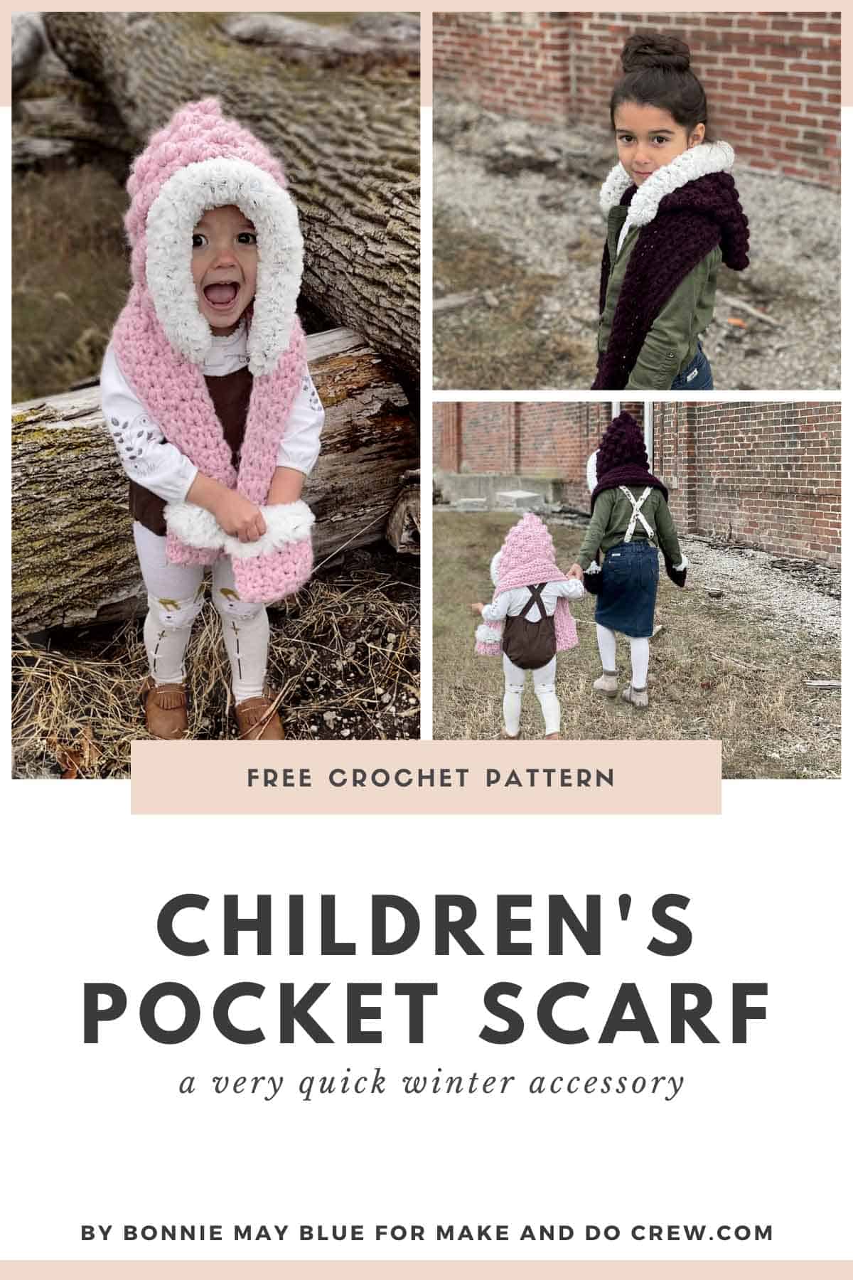 Young kids wearing a hooded crochet pocket scarf made with chunky yarn.