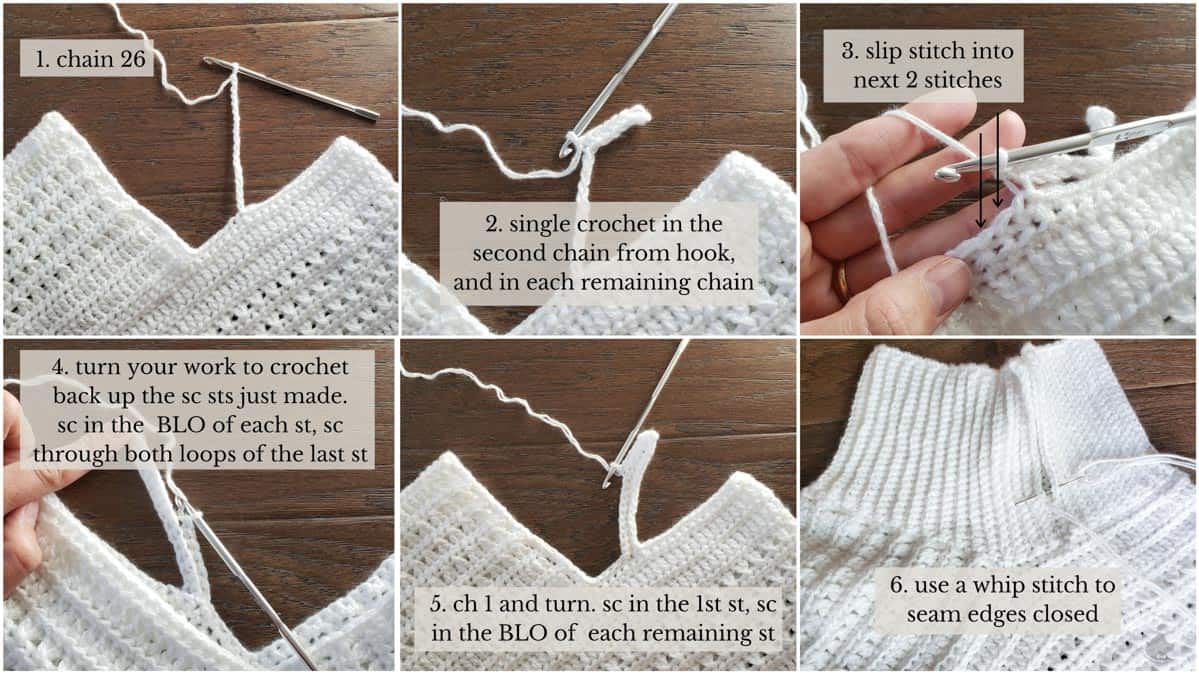 A photo tutorial showing how to add a turtleneck to a crochet rectangle poncho made with Lion Brand Amazing Lace yarn.