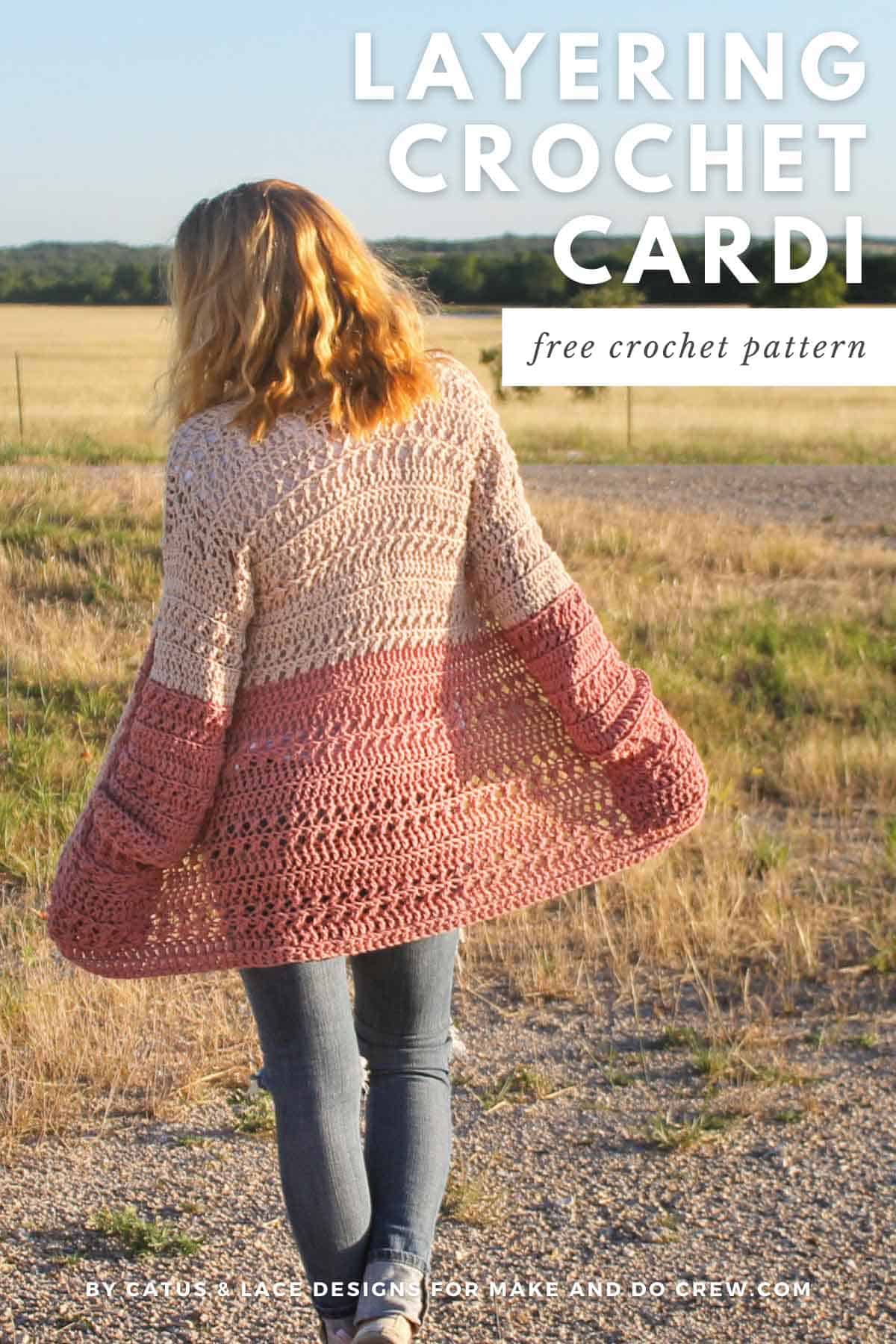 Woman facing backwards is wearing a boho crochet color block cardigan with pockets.