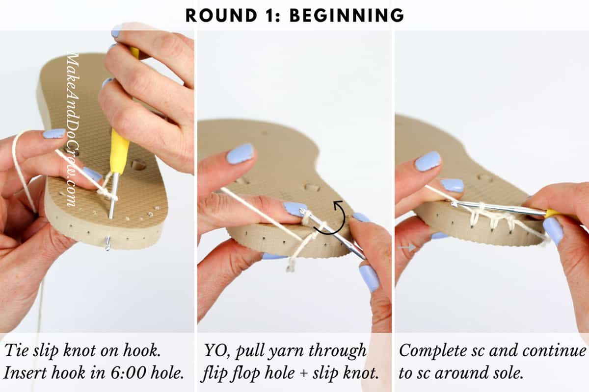 A 3-photo grid showing the stitching process by inserting the crochet hook with yarn into the holes of the flip-flop's sole. 