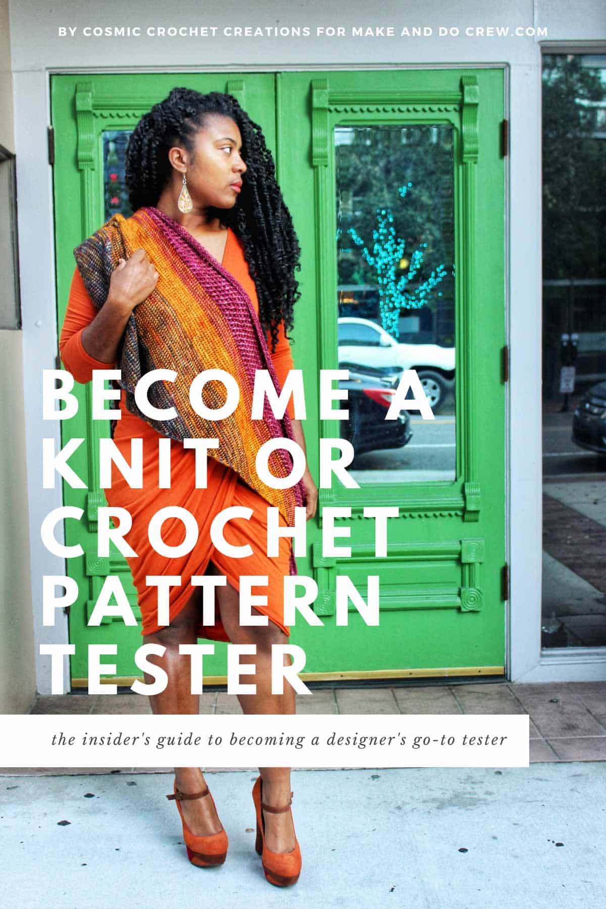 Nkese Lewis, pictured here wearing an autumnal crochet shawl provides tips on how to become a crochet pattern tester.