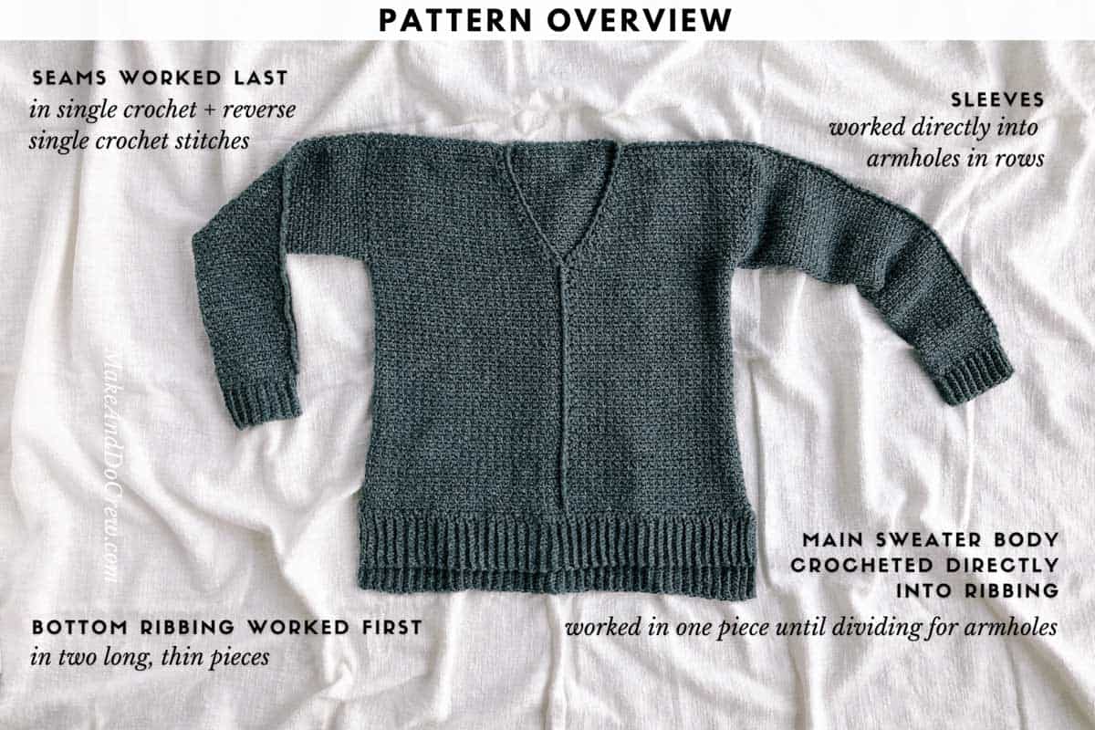 Casual crochet pullover pattern made in one large piece.