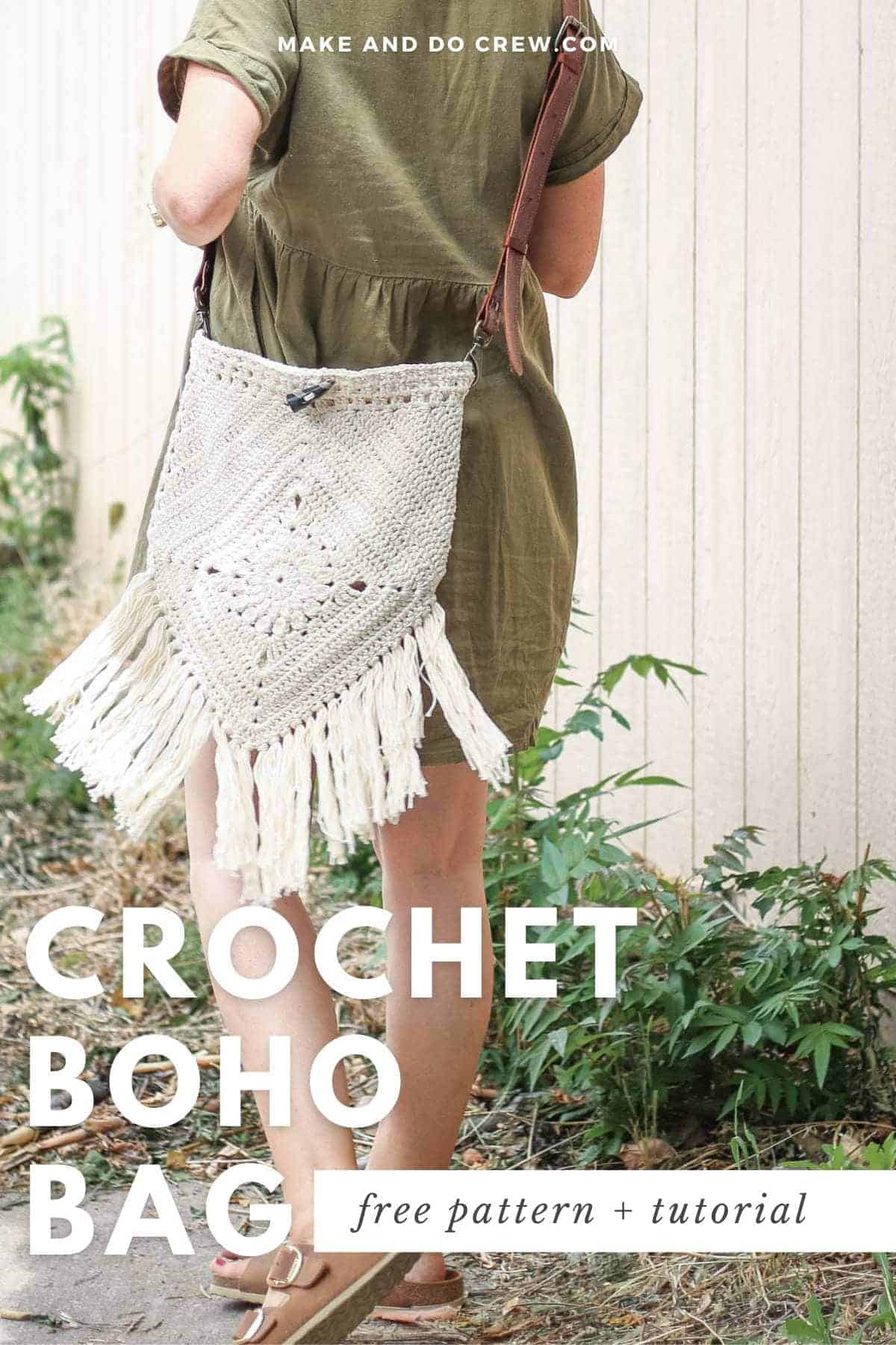Woman wearing a crochet boho bag with leather accents.