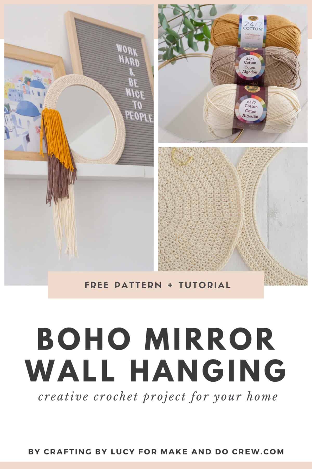 Crochet mirror with tassels made with Lion Brand 24/7 Cotton.
