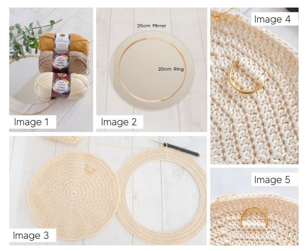 Tutorial showing how to crochet a circular mirror to hang on the wall. Free pattern featuring Lion Brand 24/7 Cotton.