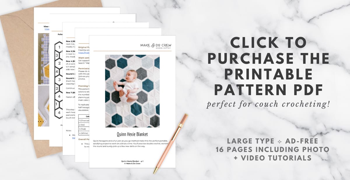 A printout of a join as you go crochet hexagon blanket pattern PDF download.