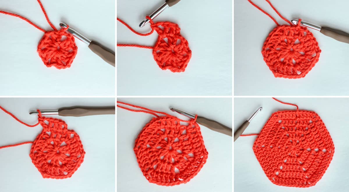 Grid of step-by-step tutorial photos showing how to crochet a hexagon.