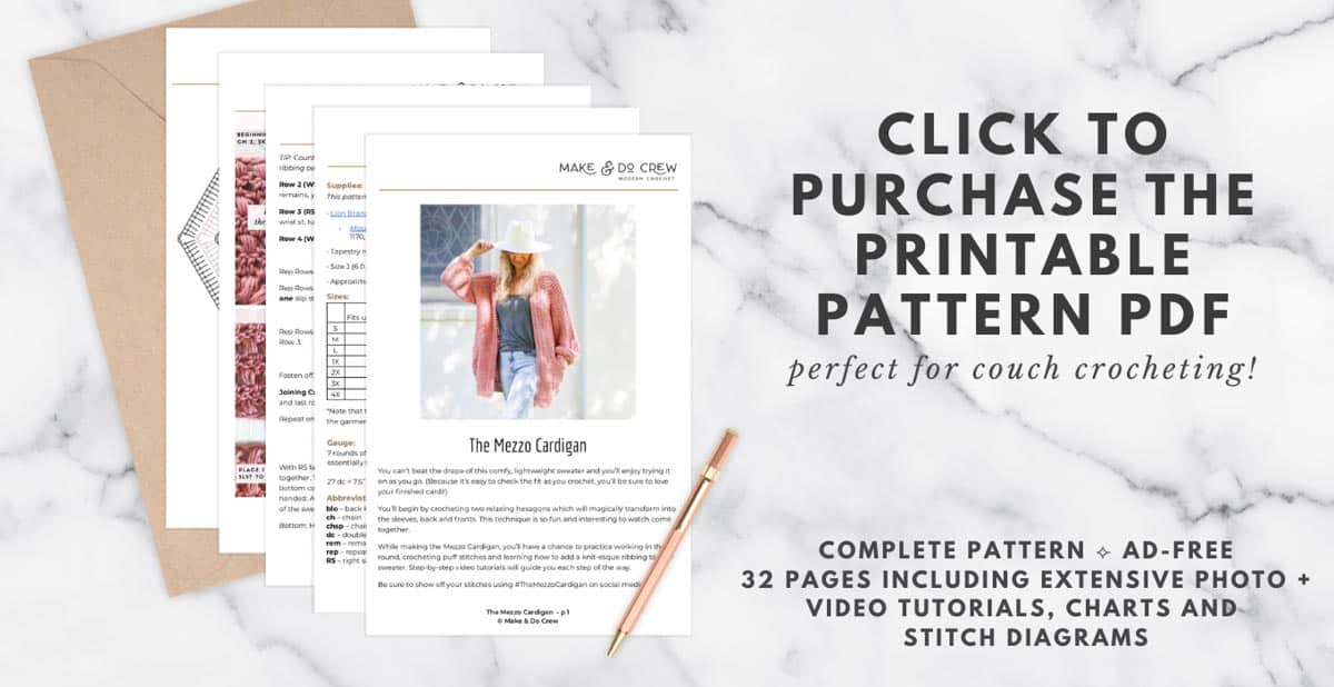A printable preview of the downloadable PDF version of the Mezzo Cardigan crochet pattern.