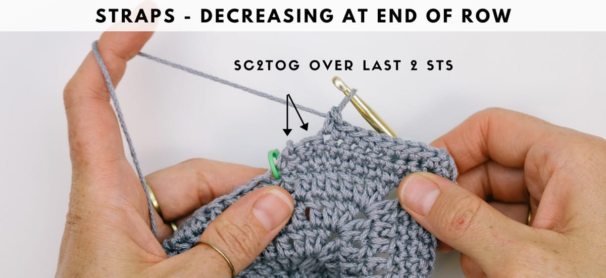 Photo tutorial showing how to work a crochet decrease in order to add straps to the Tradecraft Tote pattern. (24/7 Cotton "Silver.")
