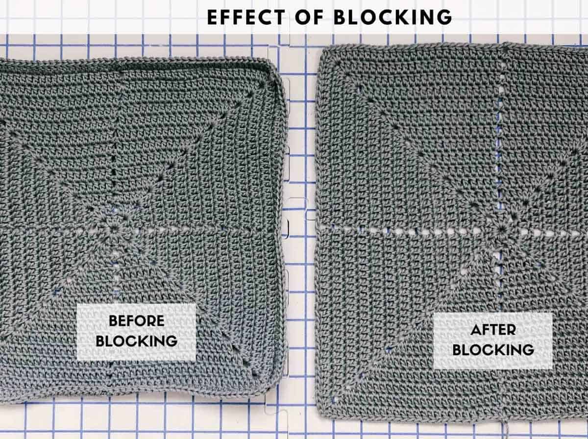 A photo tutorial showing why you block crocheting--to flatten out any curly corners!