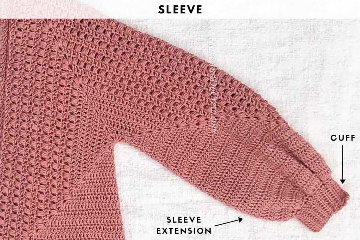 Photo tutorial using Lion Brand Coboo yarn (Mauve) showing how to crochet the Mezzo Cardigan sleeve..
