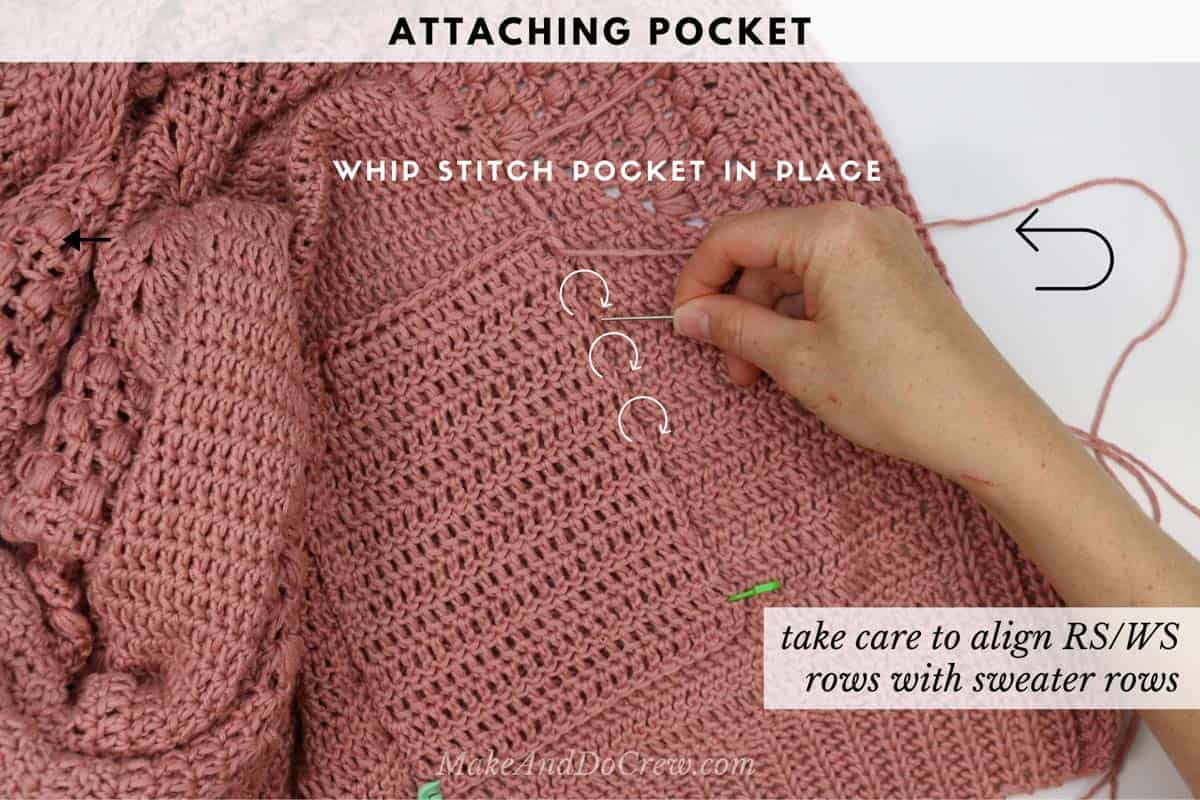 How to sew a pocket onto a crochet sweater.