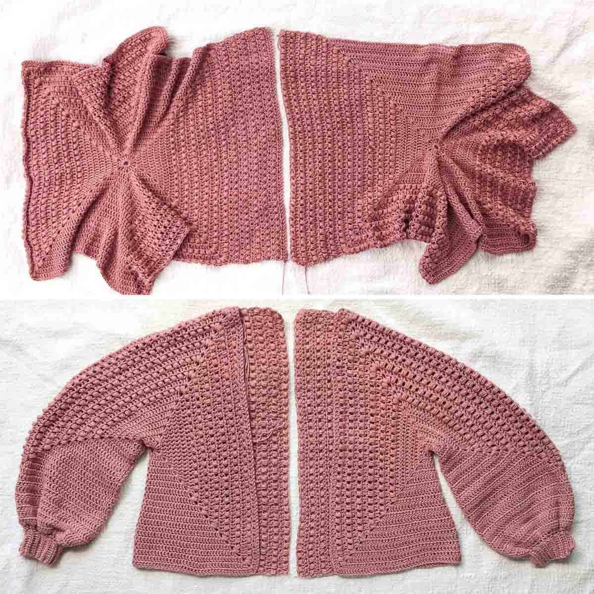 An overhead shot of how two crochet hexagons are transformed into a drapey, oversized cardigan.