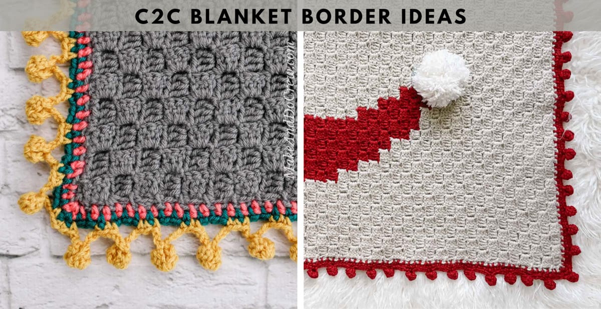 Two different crochet border ideas, both feature different types of bobble and popcorn stitches that line the edge of a blanket.