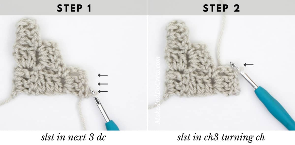 Two steps that show how to decrease at the beginning of a row in C2C crochet.