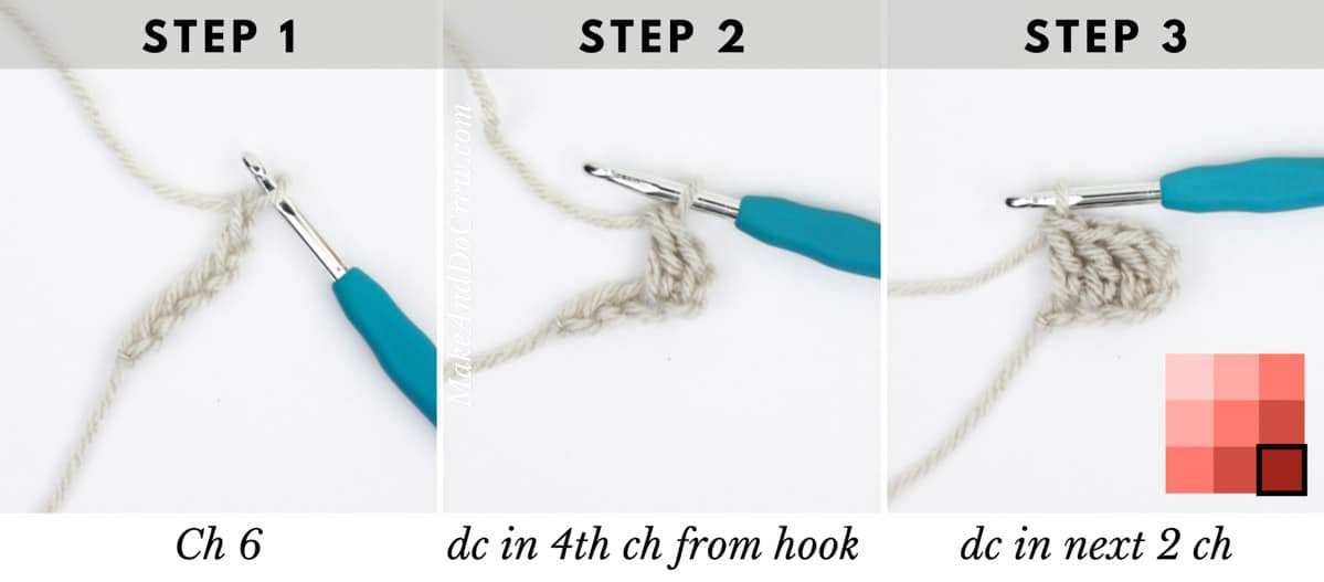 Three separate steps showing how to start C2C crocheting with chain stitches and double crochet.