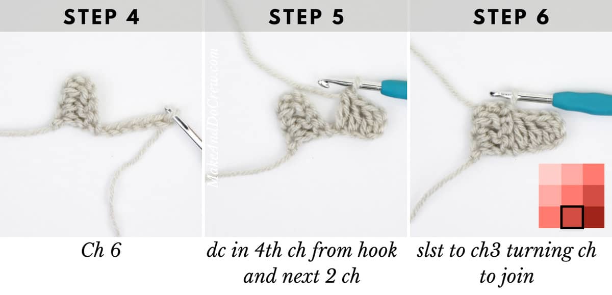 Three individual steps demonstrating how to create an increase till in C2C crochet.