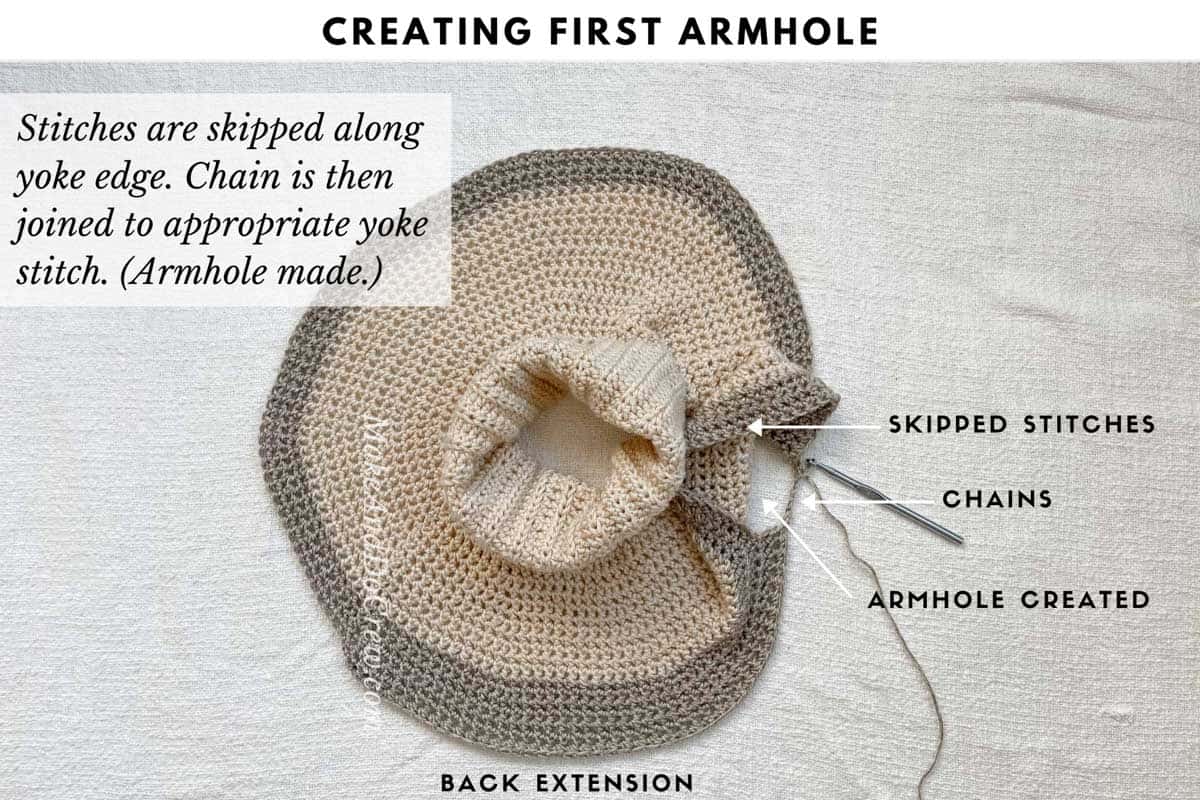 Tutorial teaching how to crochet a yoke sweater, specifically how to begin separating for armholes.