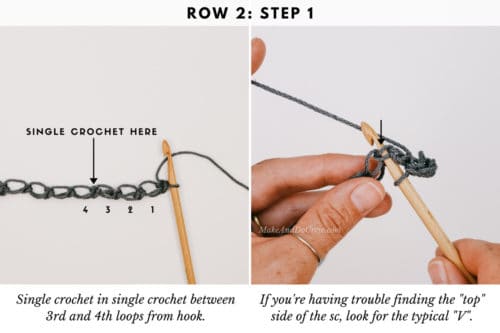 A detailed photo tutorial showing how to crochet the row 2 - step 1 of the Solomon's Knot crochet stitch.