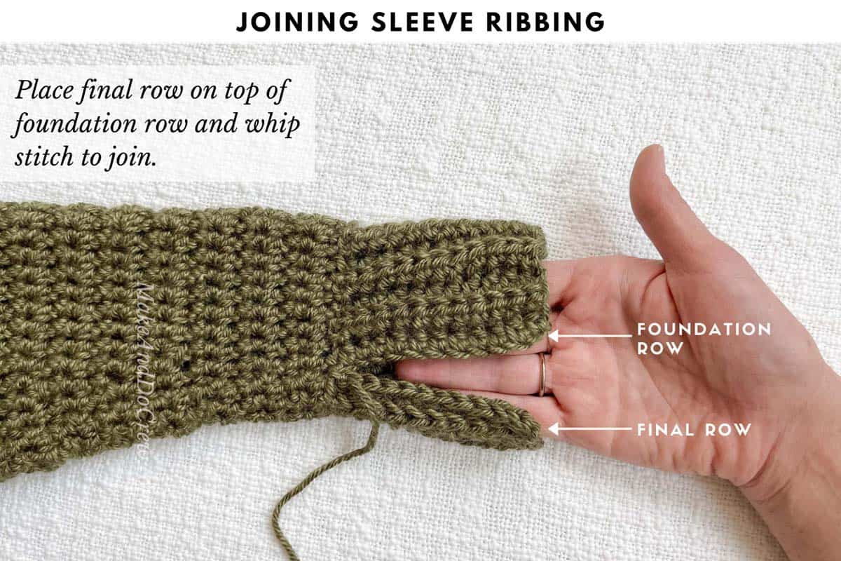 Tutorial teaching how to crochet a yoke sweater, specifically how to crochet ribbed sleeve cuffs.