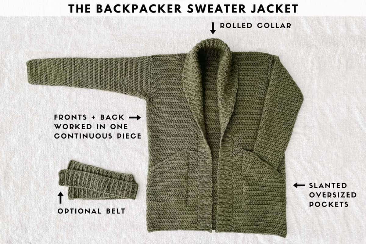 This photo shows the unique features an olive green crochet cardigan. The photo points to a rolled collar, slanted oversized pockets, optional belt and the front and back pieces worked in one continuous piece. 