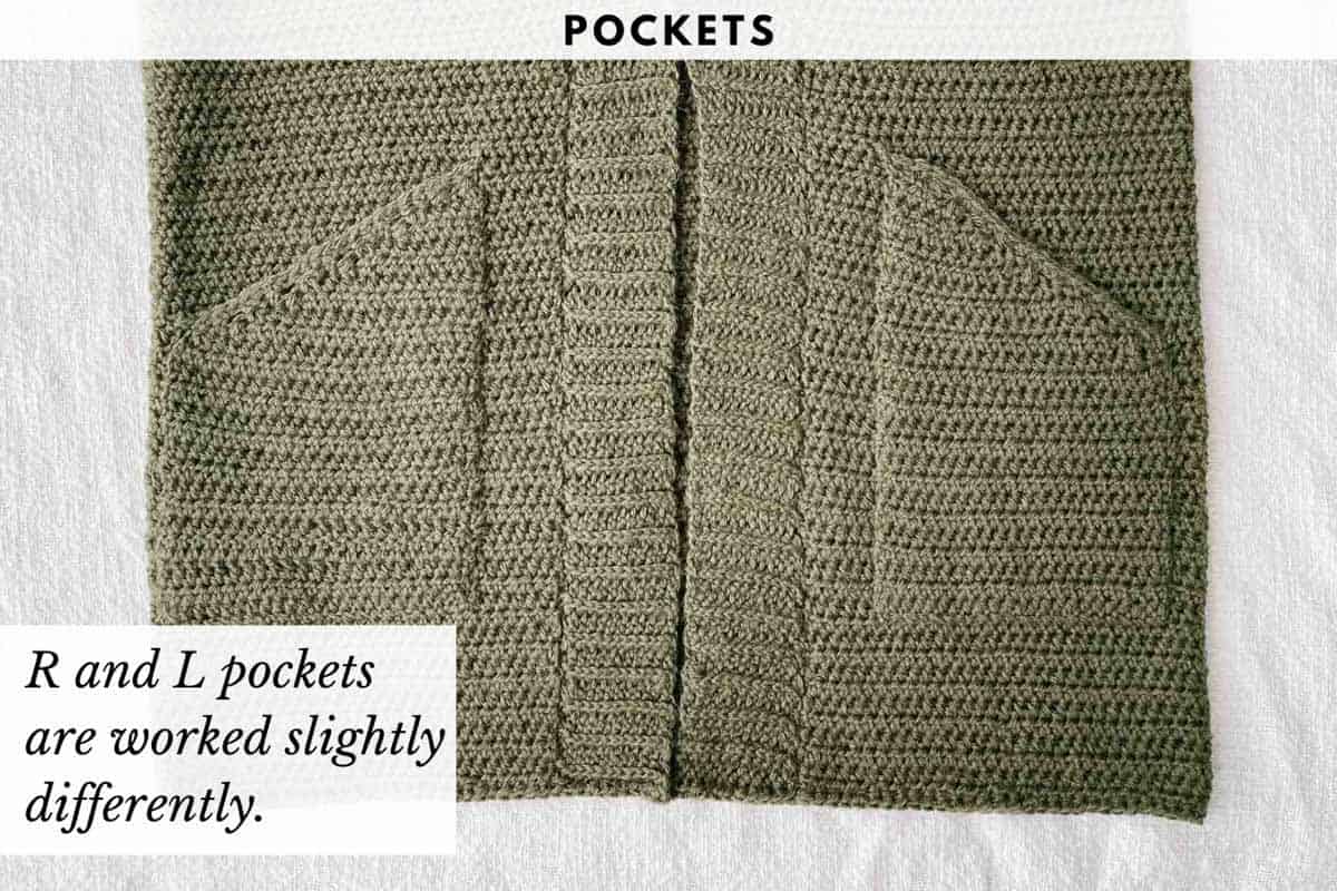 This photo shows a close up on the slanted pockets of an olive green crochet cardigan for women.