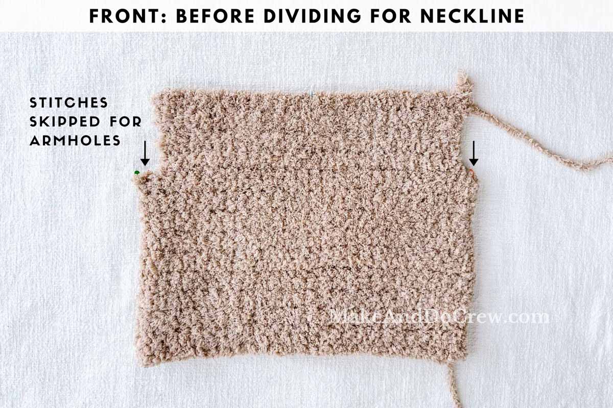 Crochet tutorial to show how to crochet a sweatshirt and what the front of the sweatshirt should look like before dividing for the neckline.