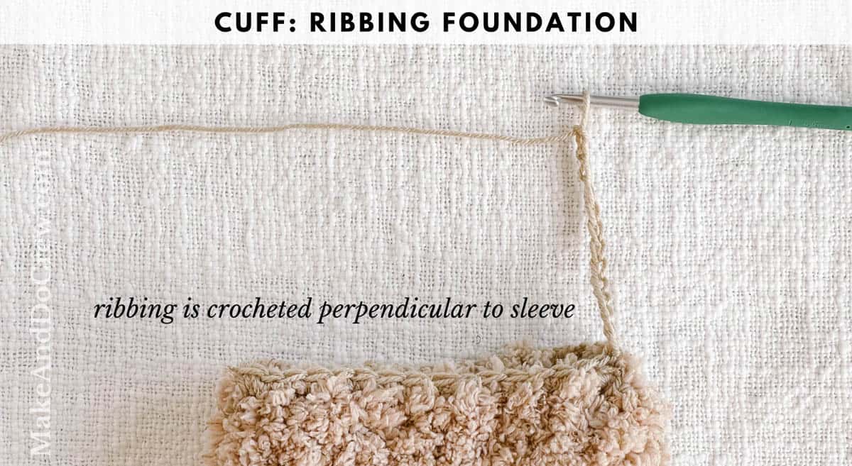 Crochet tutorial to show how to crochet a hooded sweatshirt. This photo shows how to start the cuff ribbing on the sleeves.