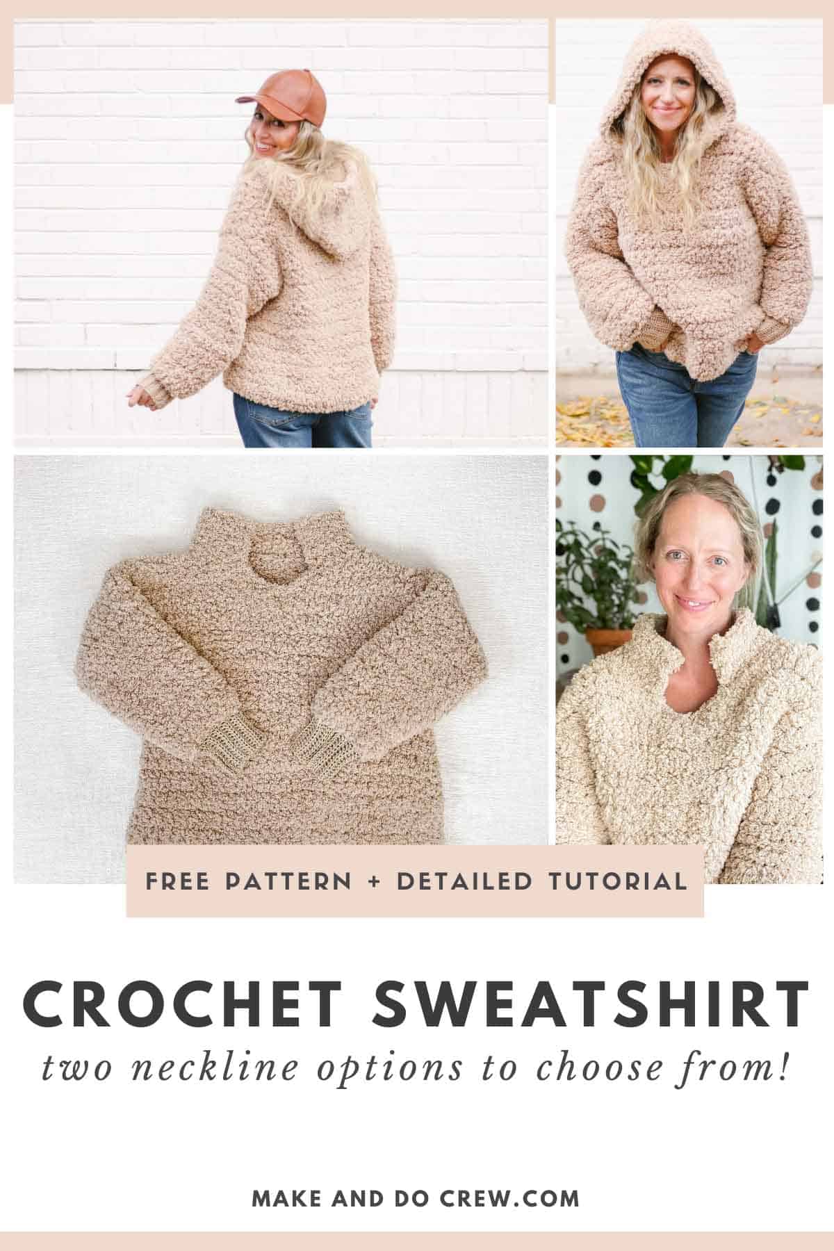 Grid of images showing a free crochet sweater with hood pattern for women. There is a blonde woman modeling the crochet sweatshirt to show the oversized hood, the split mock turtleneck style and the fluffy, cozy yarn.