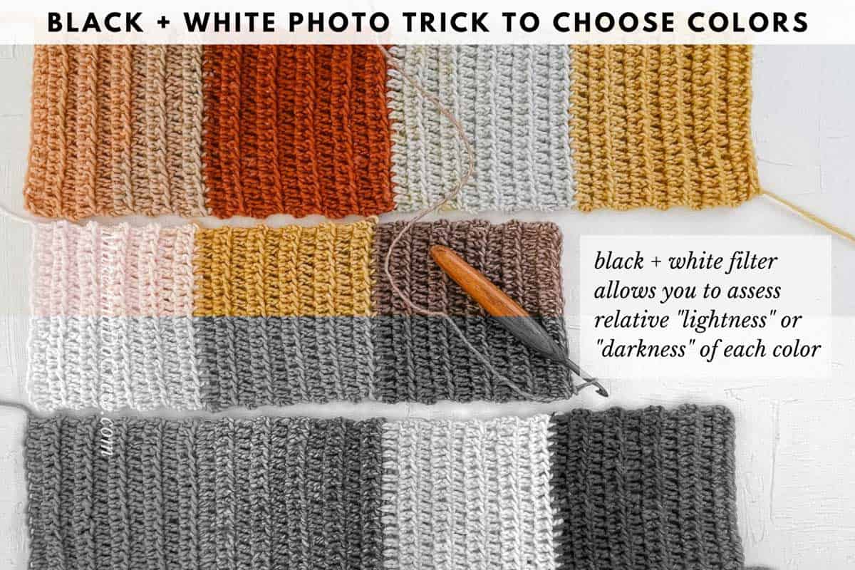 Tutorial photo of how to combine colors of yarn by taking a photo and turning it to black and white to assess the relative value of each color.