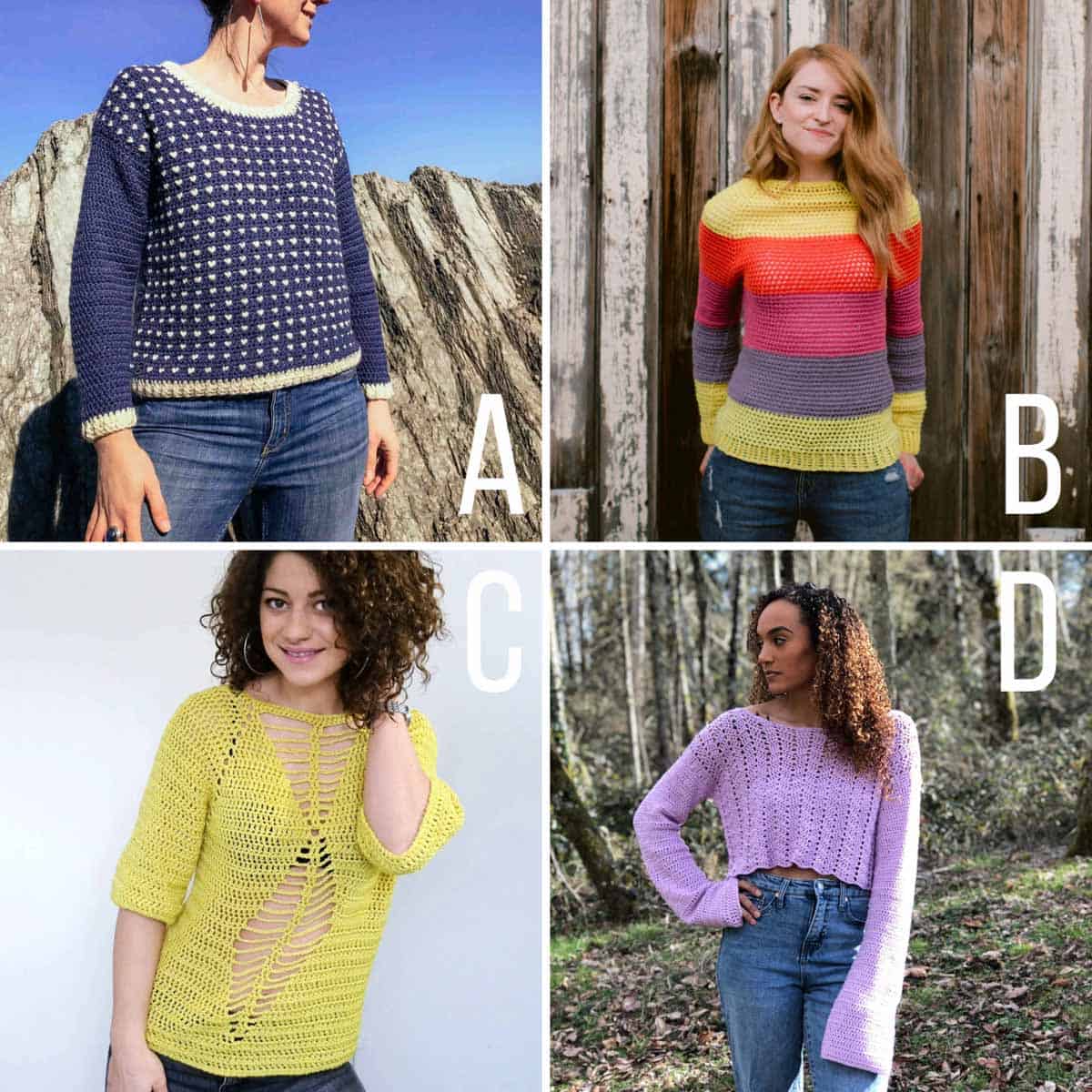 Grid of four free crochet sweater patterns. One is a crochet pullover sweater, one is a striped crochet sweater, one is an openwork crochet blouse and one is a cropped crochet sweater with bell sleeves.