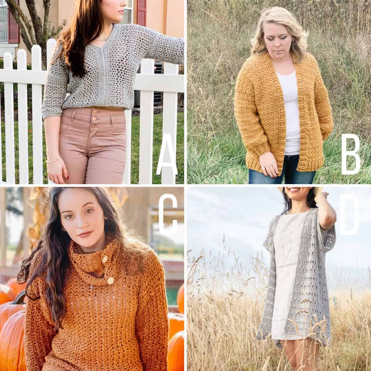 Grid of four free crochet sweater patterns. One is a cropped crochet sweater with ¾ length sleeves, one is a nearly seamless crochet cardigan, one is a crochet sweater with a removable cowl and one is a short sleeve summer cardigan.