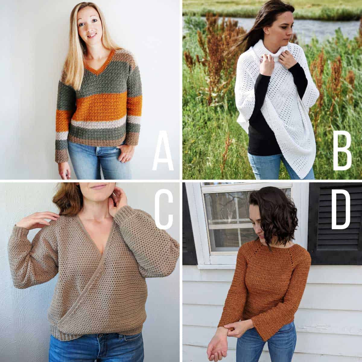 Grid of four free crochet sweater patterns. One is a striped v-neck crochet pullover sweater, one is a crochet poncho, one is a crochet wrap sweater and one is a raglan style crochet sweater.